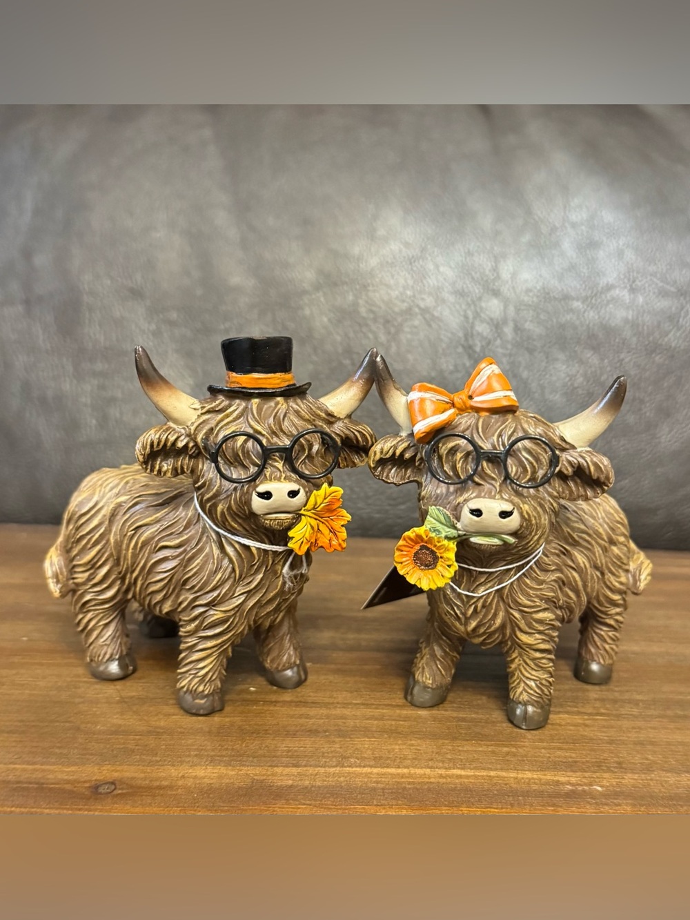Pair of Brown Highland Cow Figurines with Sunflower Accents